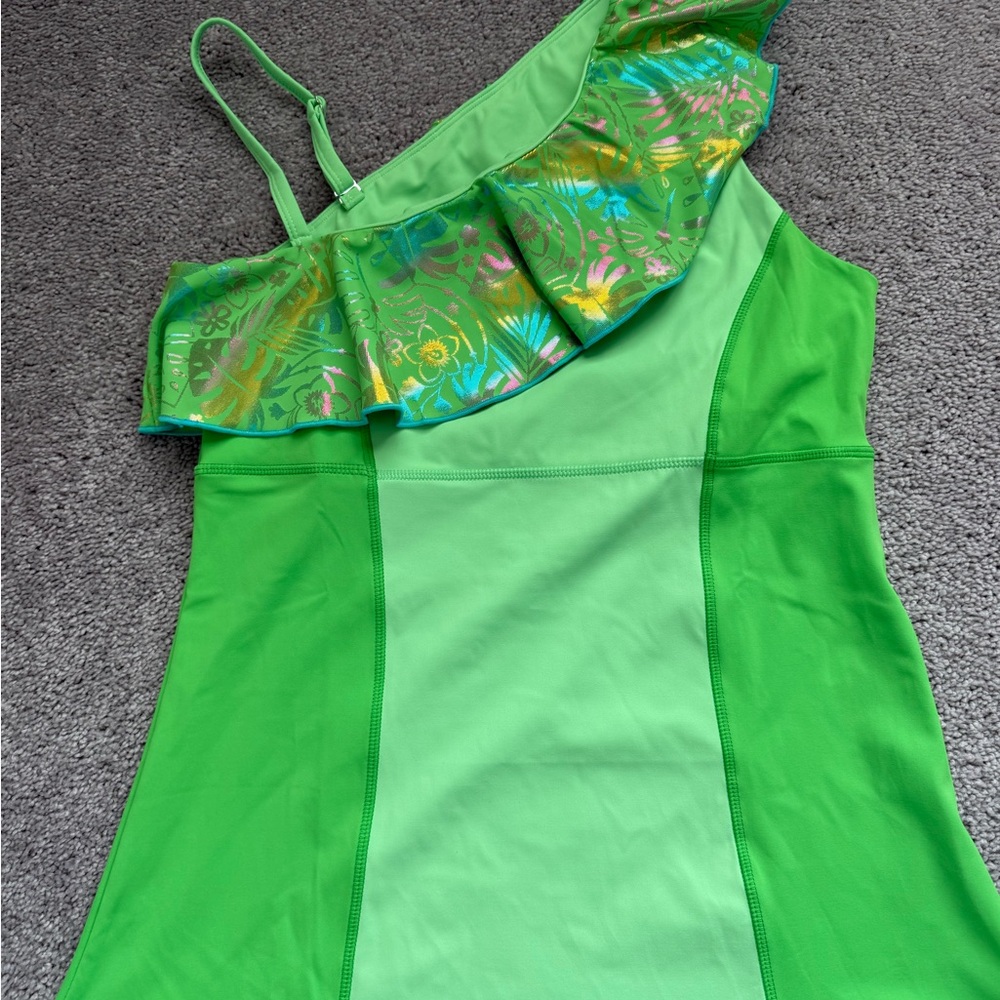 Crowned Athletics Vibrant Green Ruffled One-Shoulder Tank Top